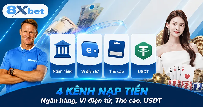 Bốn kênh nạp tiền 8xbet: ngân hàng, ví điện tử, thẻ cào và USDT